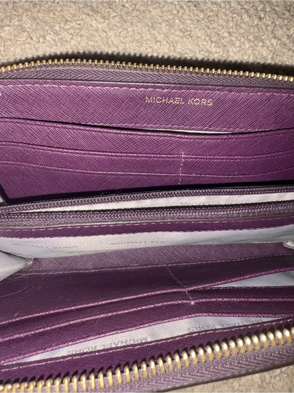 Michael Kors Deep Plum Pebbled Leather Zip Wallet with Gold Hardware